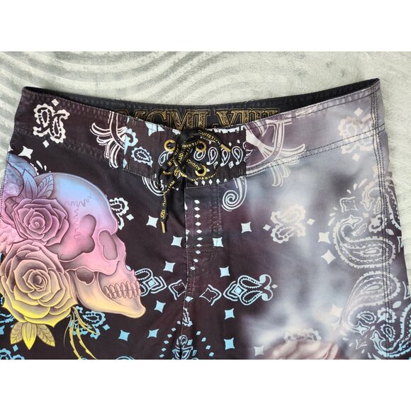 Christian Audigier Blow Smoke Board Shorts Size 34 Y2K Vintage Ed Hardy Skull - Picture 2 of 14